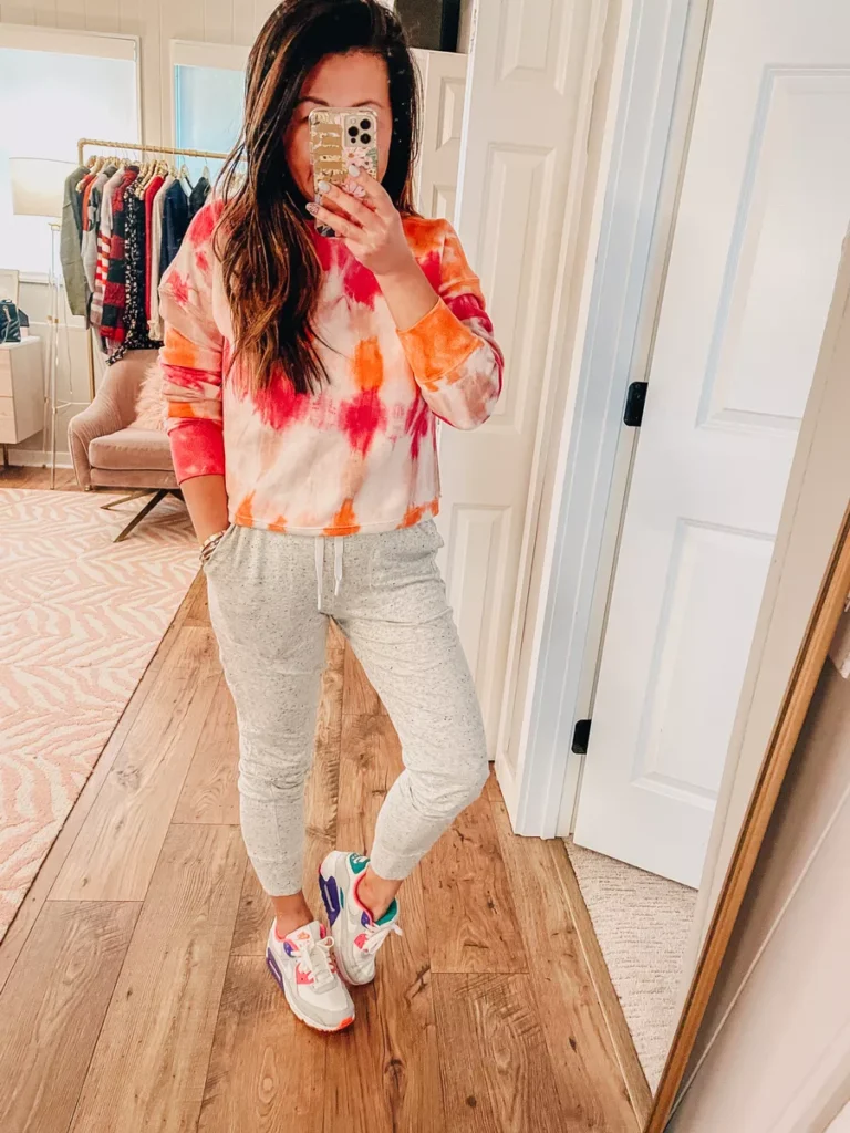 Colorful Pullover Sweater + Joggers + Sneakers