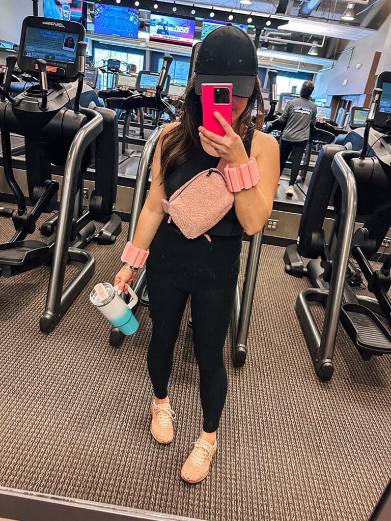 pink sneakers workout outfit