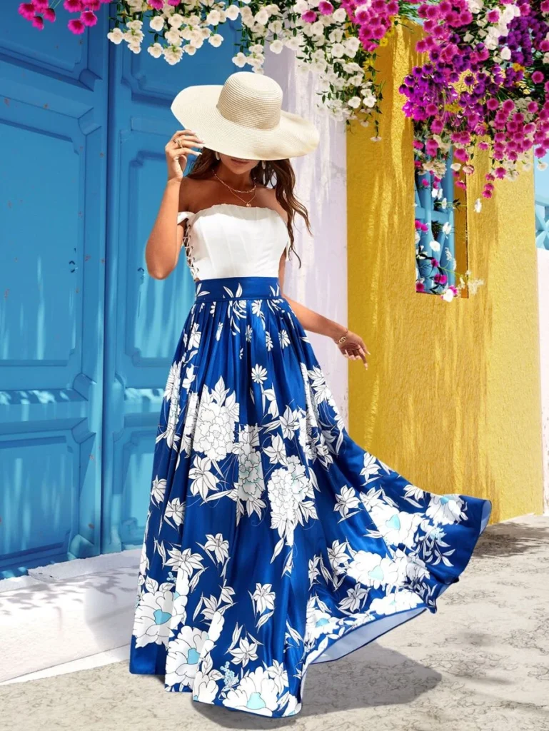 Floral Illusion: Crop top with matching high waist full skirt